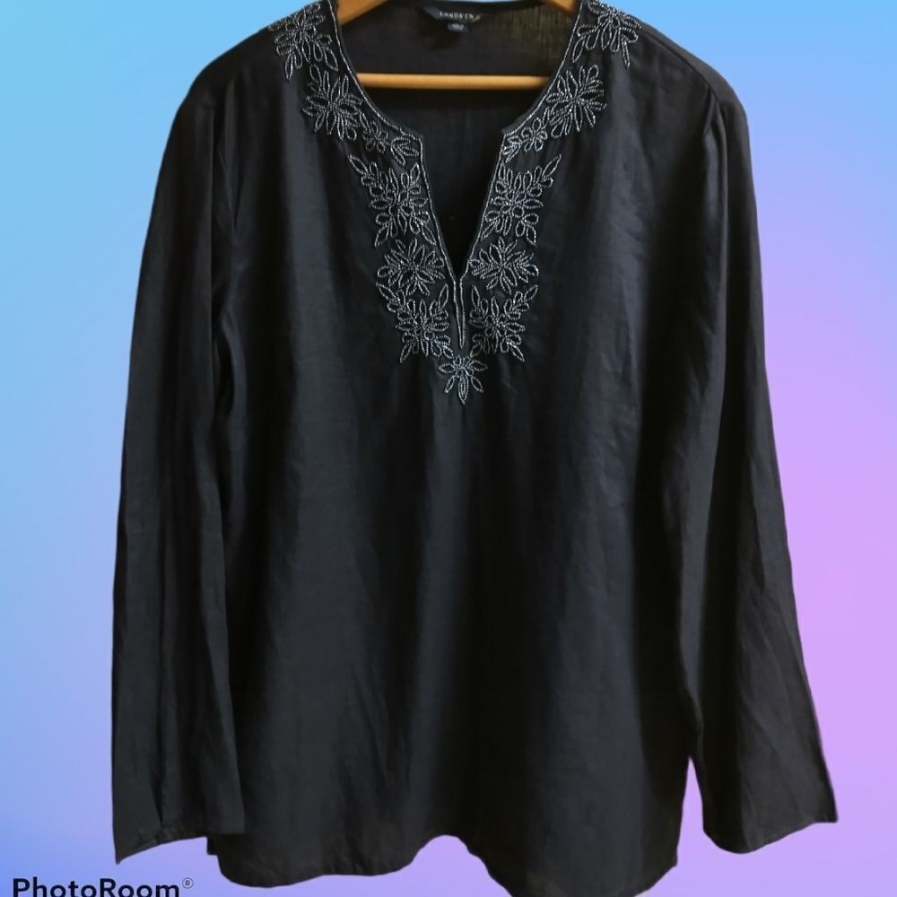 Lands End Beaded Linen Tunic in Navy